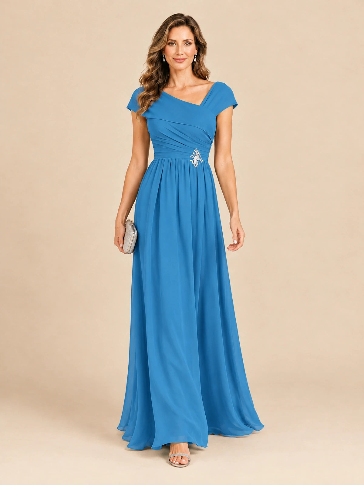 Cap Sleeve Mother of The Bride Dresses Long Chiffon Formal Gowns