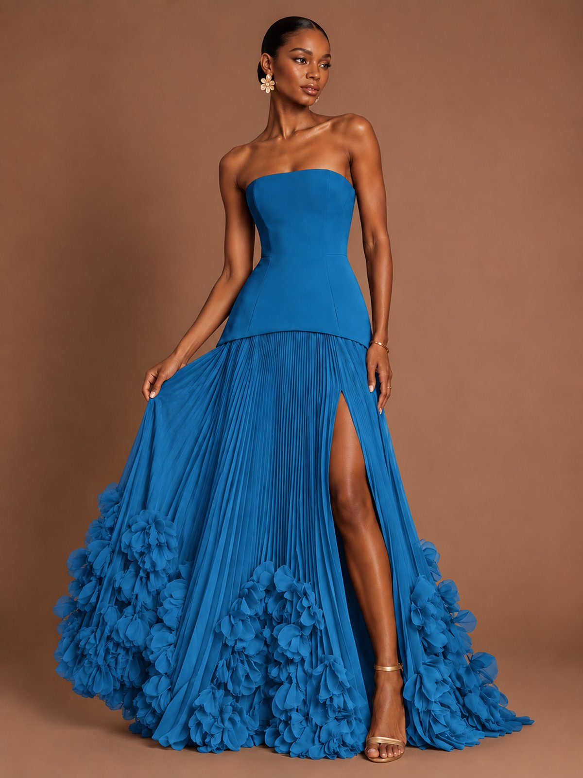Strapless Pleated Floral Satin Formal Dress with Side Slit
