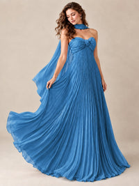 Sweetheart Neckline Pleated Prom Dress Strapless A-line Formal Dress with Flowy Scarf