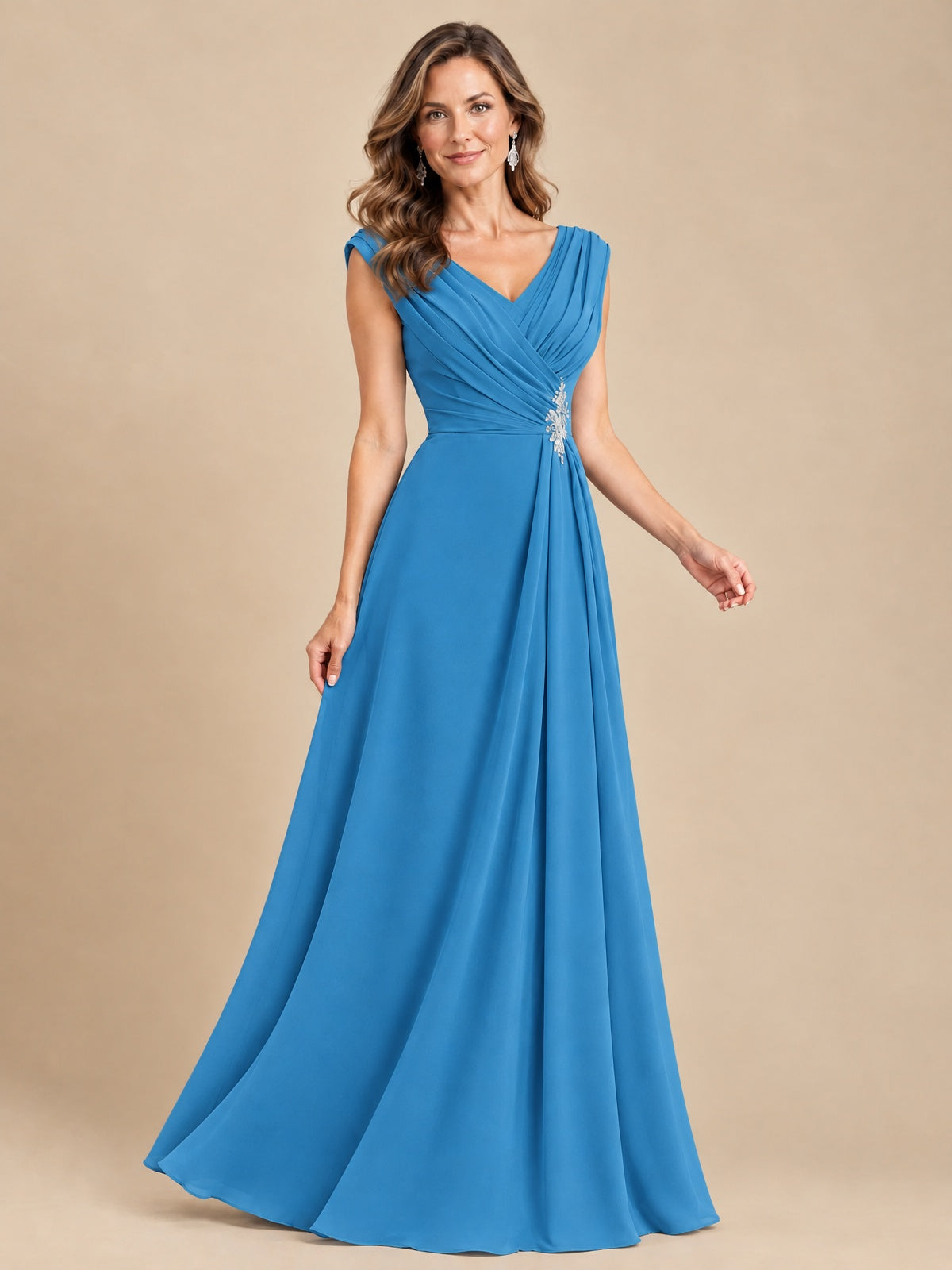V Neck Pleated Mother of The Bride Dresses with Beading Cap Sleeves