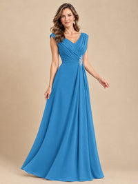 V Neck Pleated Mother of The Bride Dresses with Beading Cap Sleeves