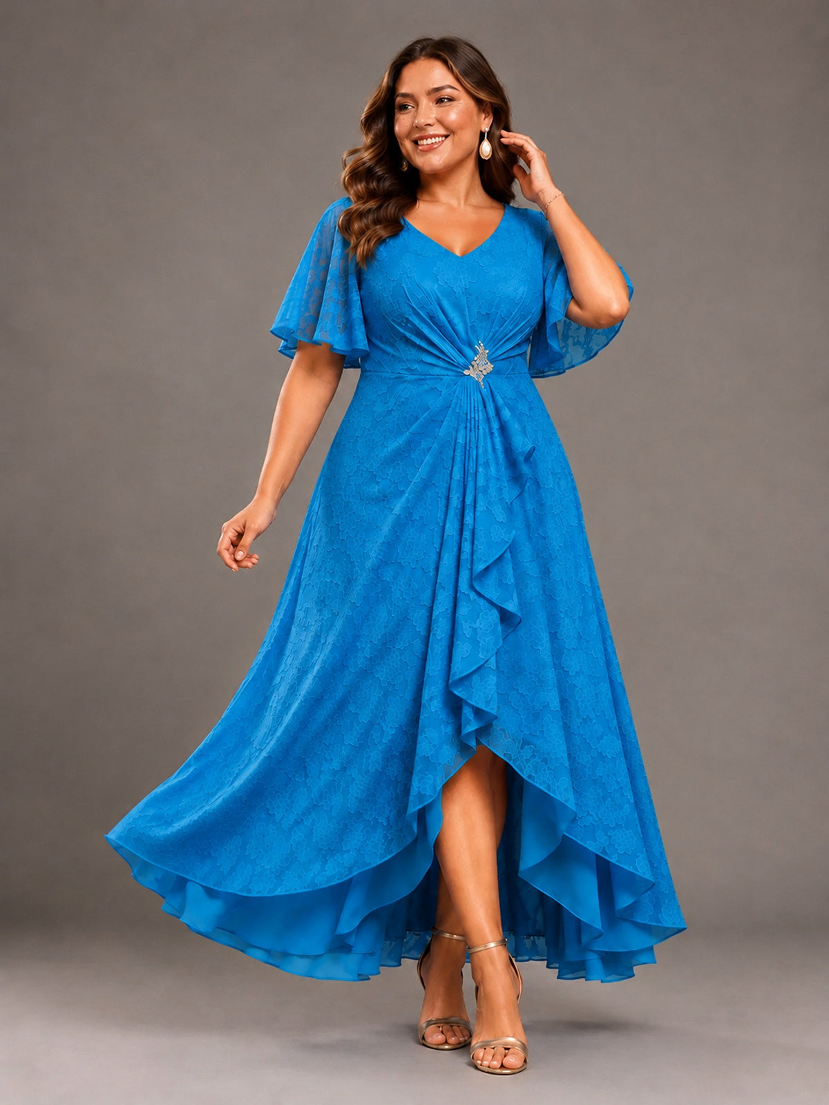 Jacquard Chiffon A-Line V-Neck High-Low Mother of the Bride Dress