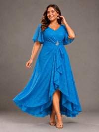 Jacquard Chiffon A-Line V-Neck High-Low Mother of the Bride Dress