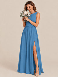 A-line Sleeveless Rucehd Chiffon Bridesmaid Dress with High Slit