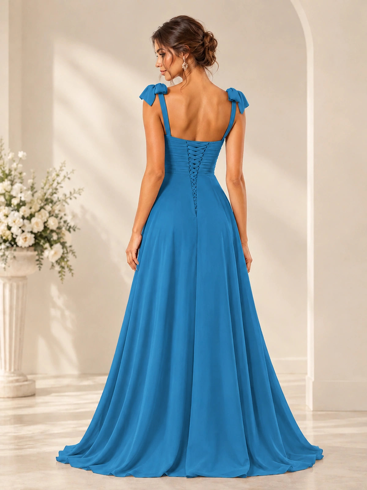 Ruffle Slit Chiffon A Line Scoop Neck Bridesmaid Dresses with Pockets
