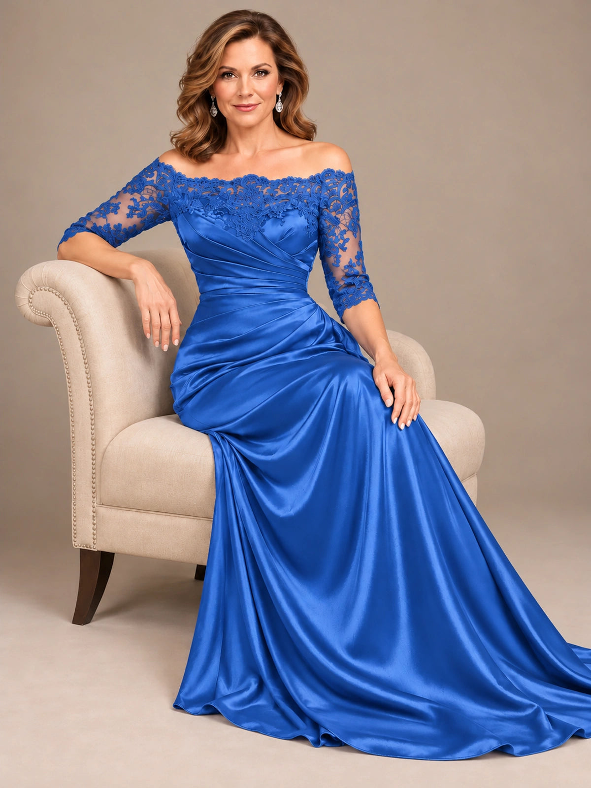Satin Mother of the Bride Dress with Lace Sleeves Off Shoulder Formal Gown