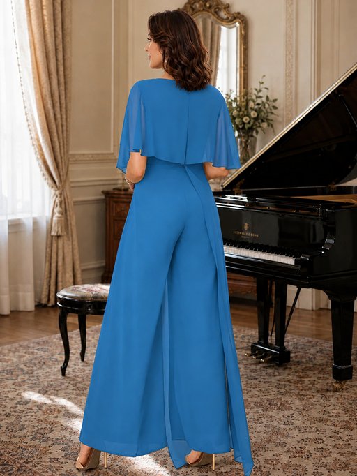 Chiffon Mother of the Bride Jumpsuit with Layered Cape Sleeves