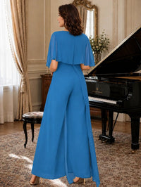 Chiffon Mother of the Bride Jumpsuit with Layered Cape Sleeves