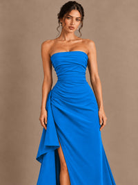Black and White Strapless Ruched Prom Dress with High Slit & Side Drape