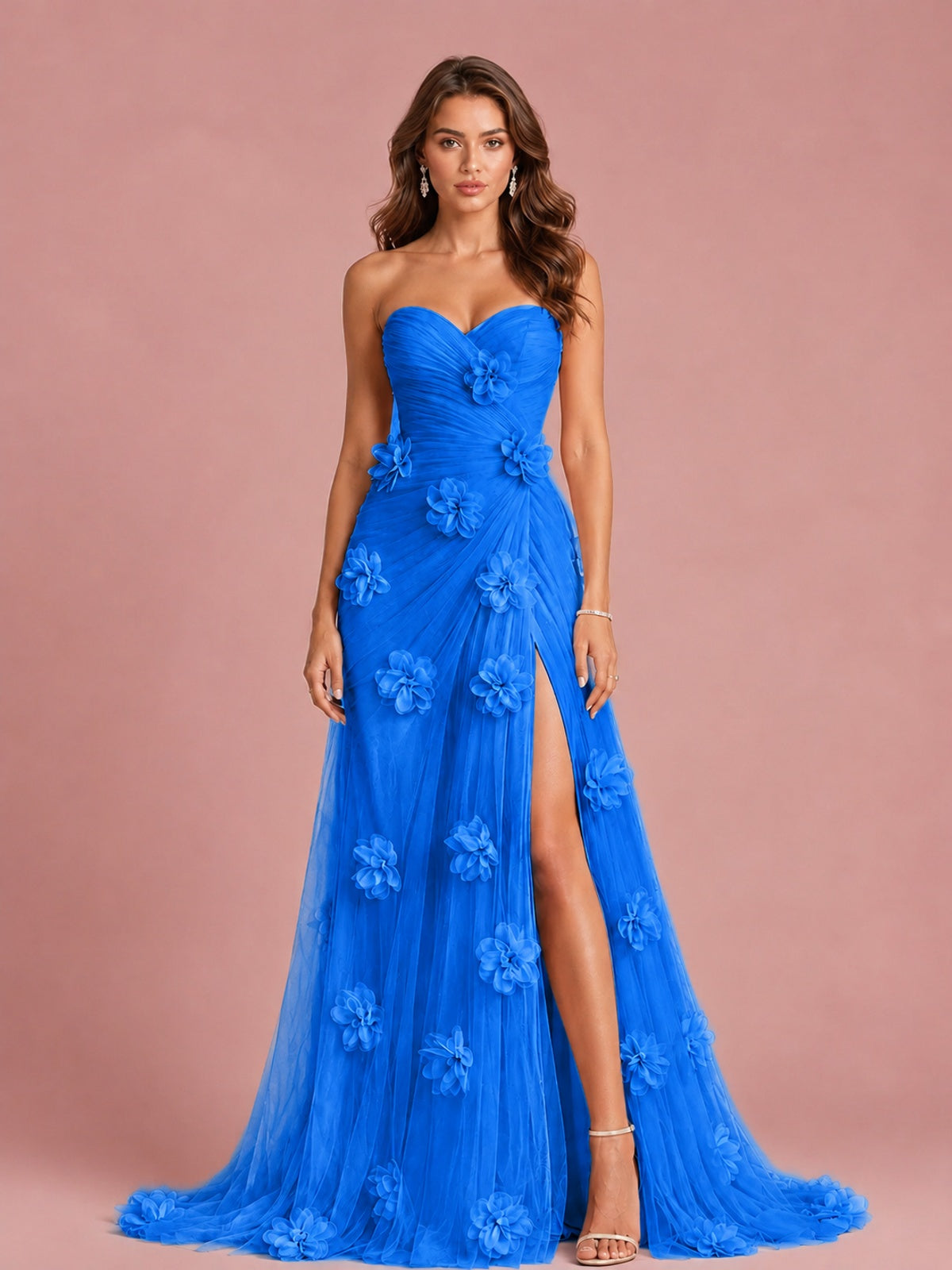 3D Floral Applique Strapless Tulle Prom Dress with High Slit