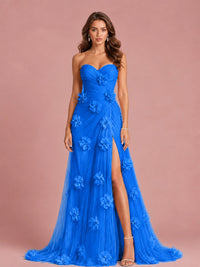 3D Floral Applique Strapless Tulle Prom Dress with High Slit