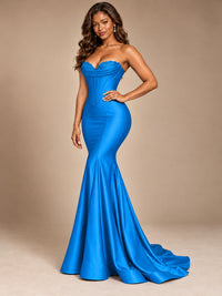 Red Strapless Satin Mermaid Prom Dress with Corset Bodice