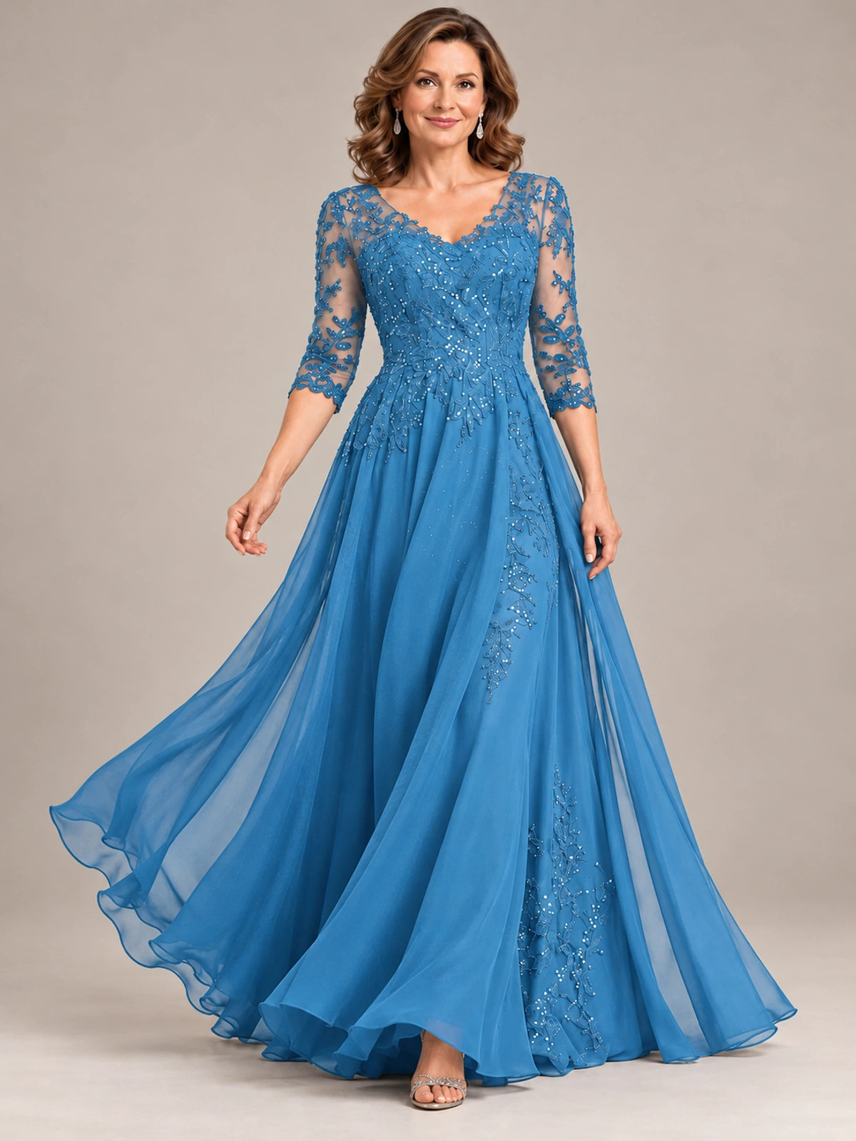 Sequin Lace A-Line Mother of the Bride Dress with 3/4 Sleeves