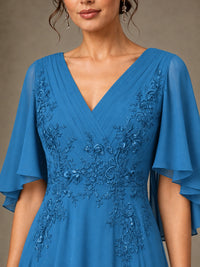 V-Neck Chiffon Lace Mother of the Bride Dress with Flutter Sleeves