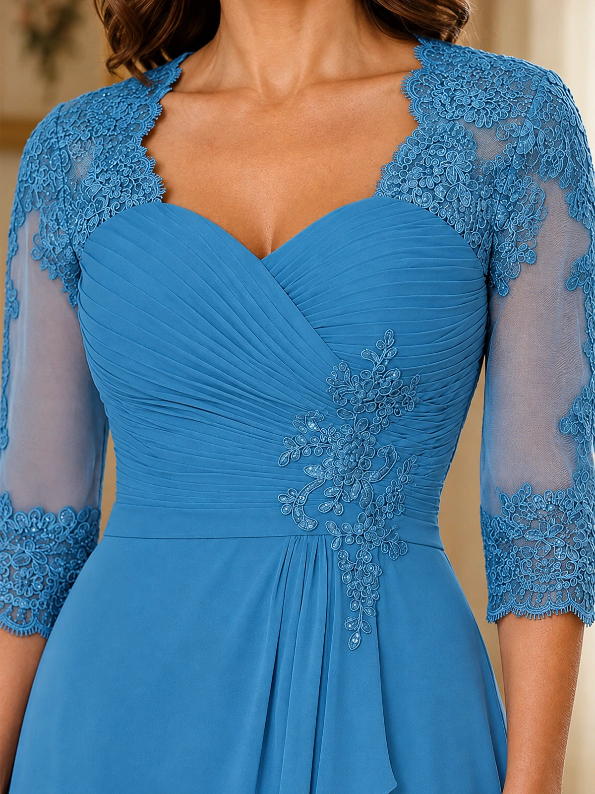 Chiffon Lace Applique Mother of the Bride Dress with 3/4 Sleeves