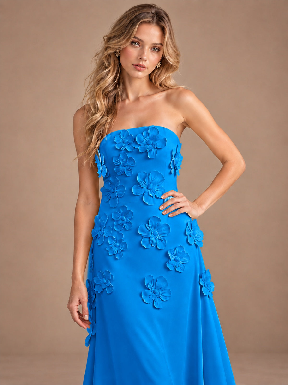 Yellow Strapless A-line Satin Maxi Dress with 3D Floral