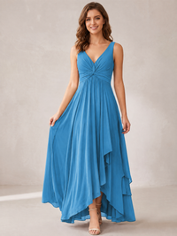 V-Neck High-Low Chiffon Bridesmaid Dress with Ruffles