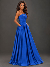 Draped Satin Prom Dress Strapless A-line Formal Dress Floor Length
