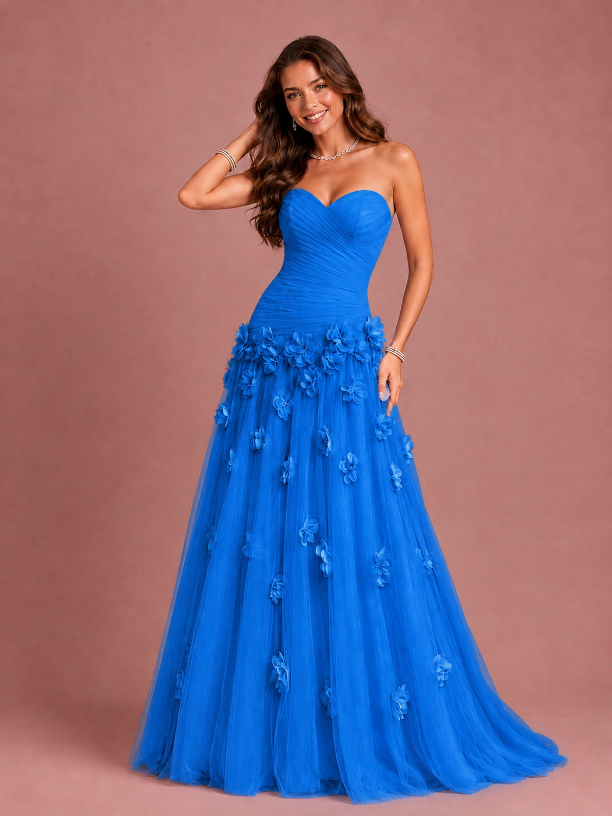 Blush Pink Strapless Sweetheart 3D Floral Tulle Ball Gown Prom Dres