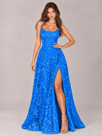 Floral Lace A-Line Prom Dress with Spaghetti Straps & High Slit
