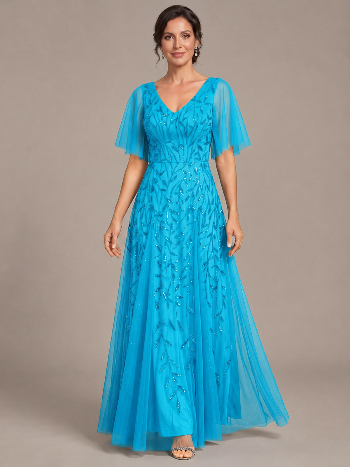 V-Neck Sequin Tulle Mother of the Bride Dress with Flutter Sleeve