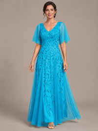 V-Neck Sequin Tulle Mother of the Bride Dress with Flutter Sleeve