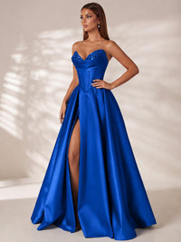 Strapless Corset Satin Prom Dress Long Evening Gown with High Slit