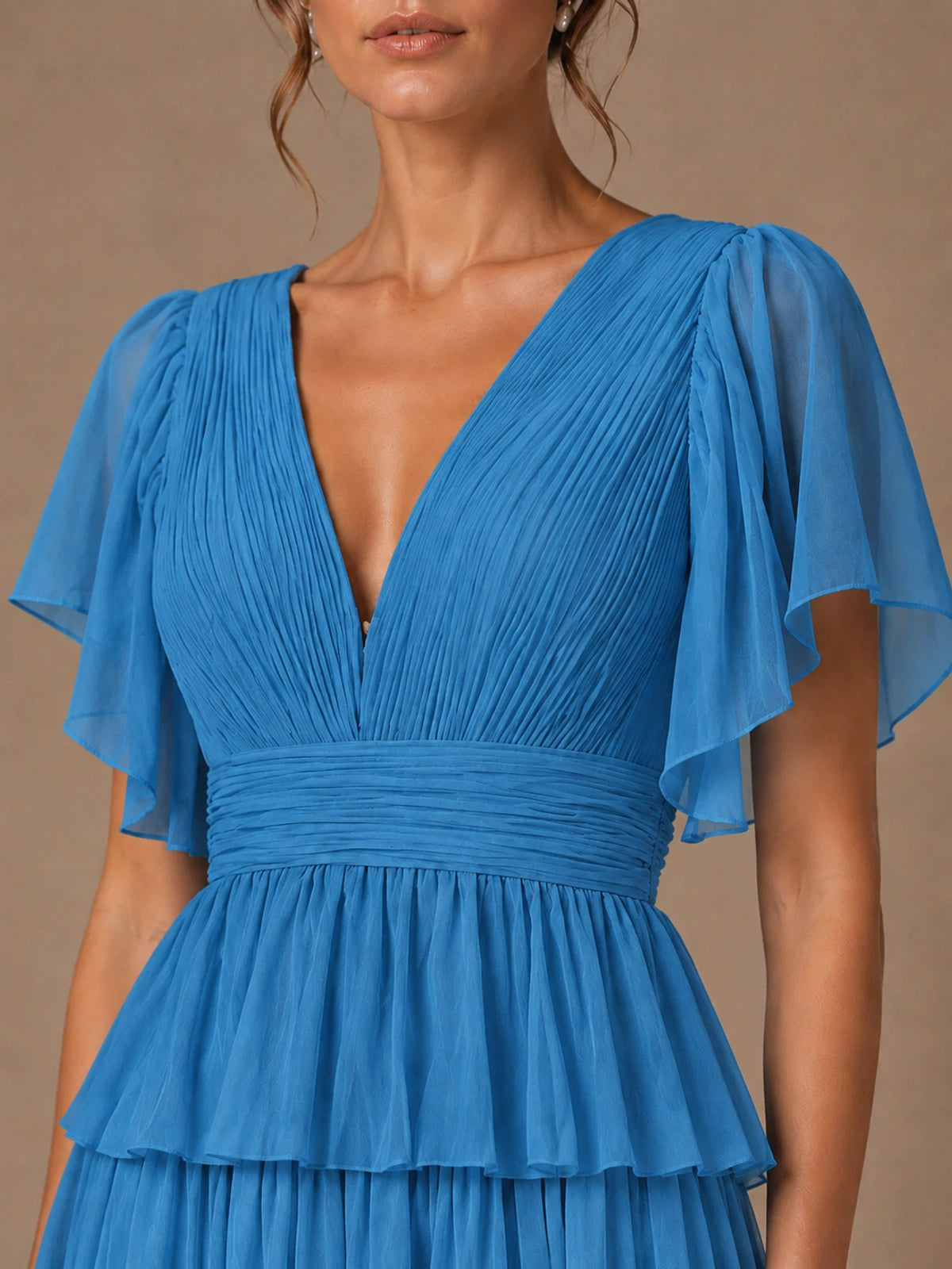 Chiffon V-Neck Tiered Ruffle Bridesmaid Dress with Slit