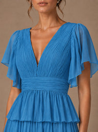 Chiffon V-Neck Tiered Ruffle Bridesmaid Dress with Slit