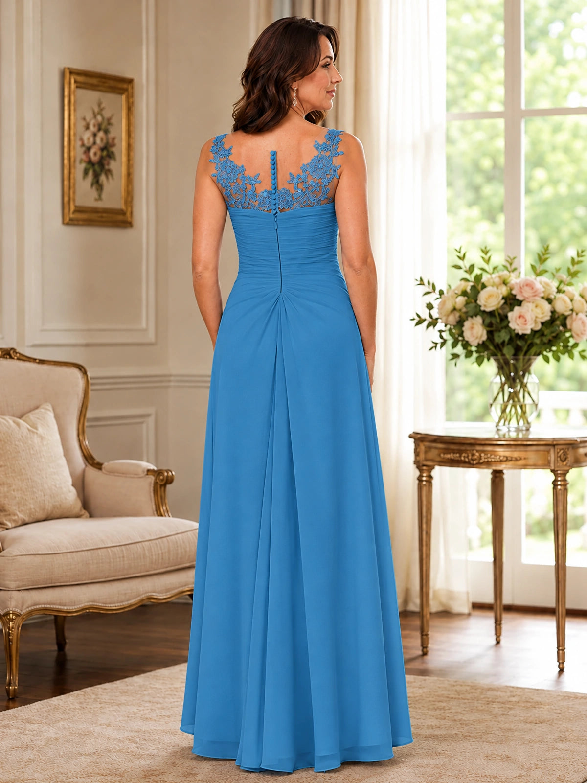 Elegant Chiffon Mother of the Bride Dress with Lace Applique and Cape Sleeves