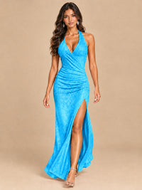 Halter V-Neck Sequin Mermaid Prom Dress with High Slit