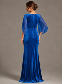 Navy Blue Velvet V Neck Mermaid Formal Dress with Flutter Cape Sleeves