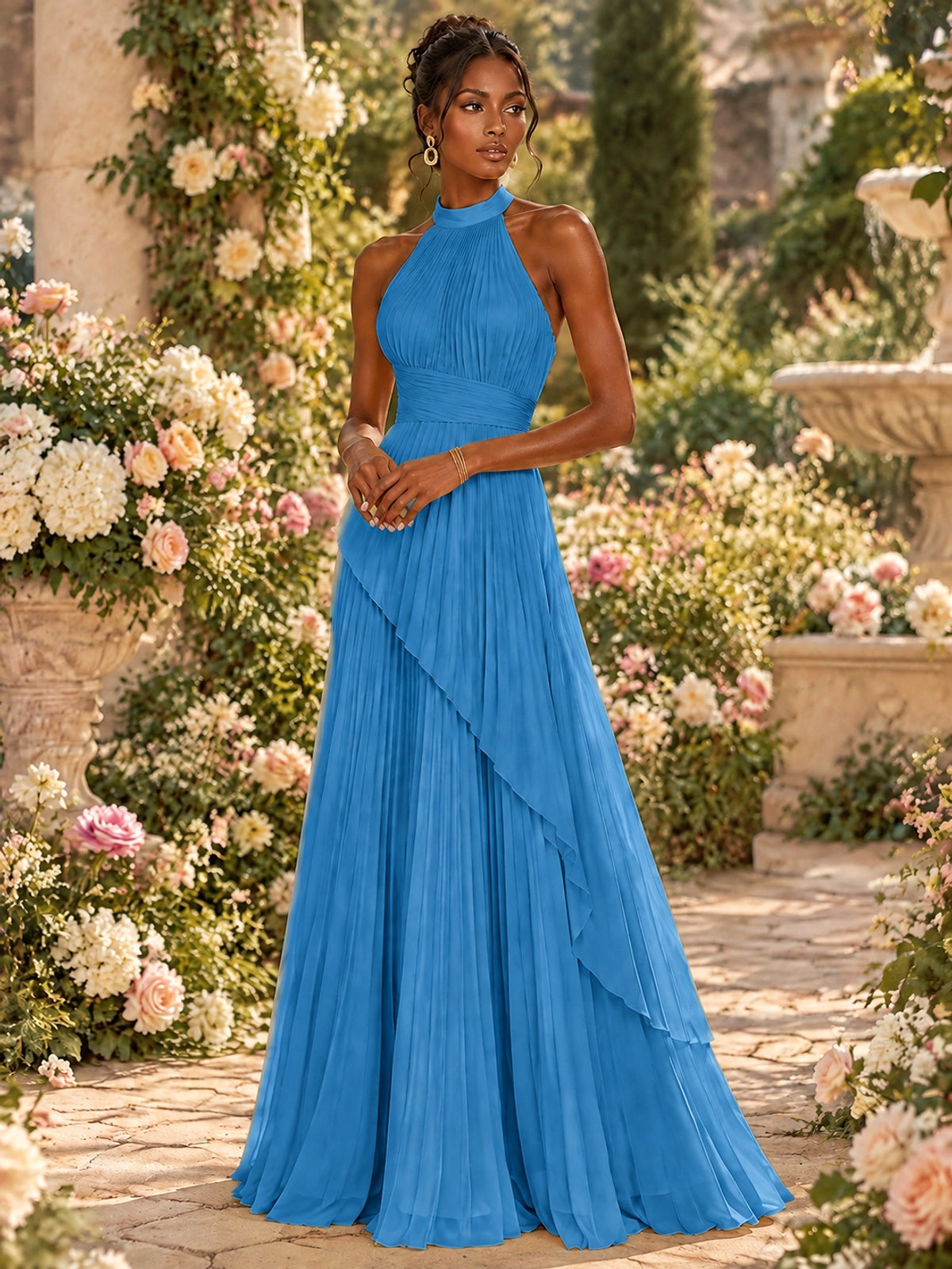 Wrap Pleated Prom Dress Halter A-line Chiffon Formal Wedding Dress