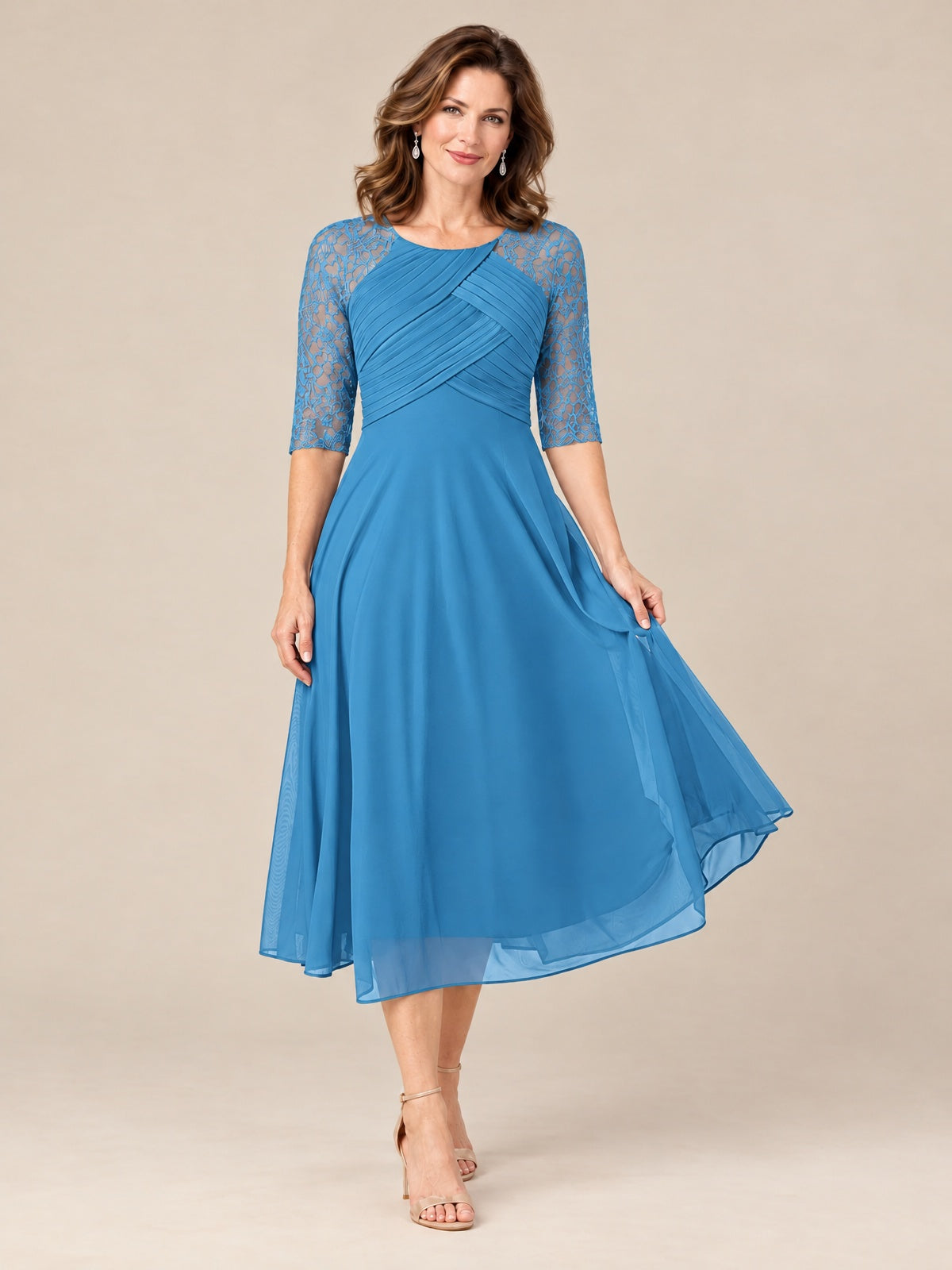 Tea-Length Mother of the Bride Dress with Lace 3/4 Sleeves
