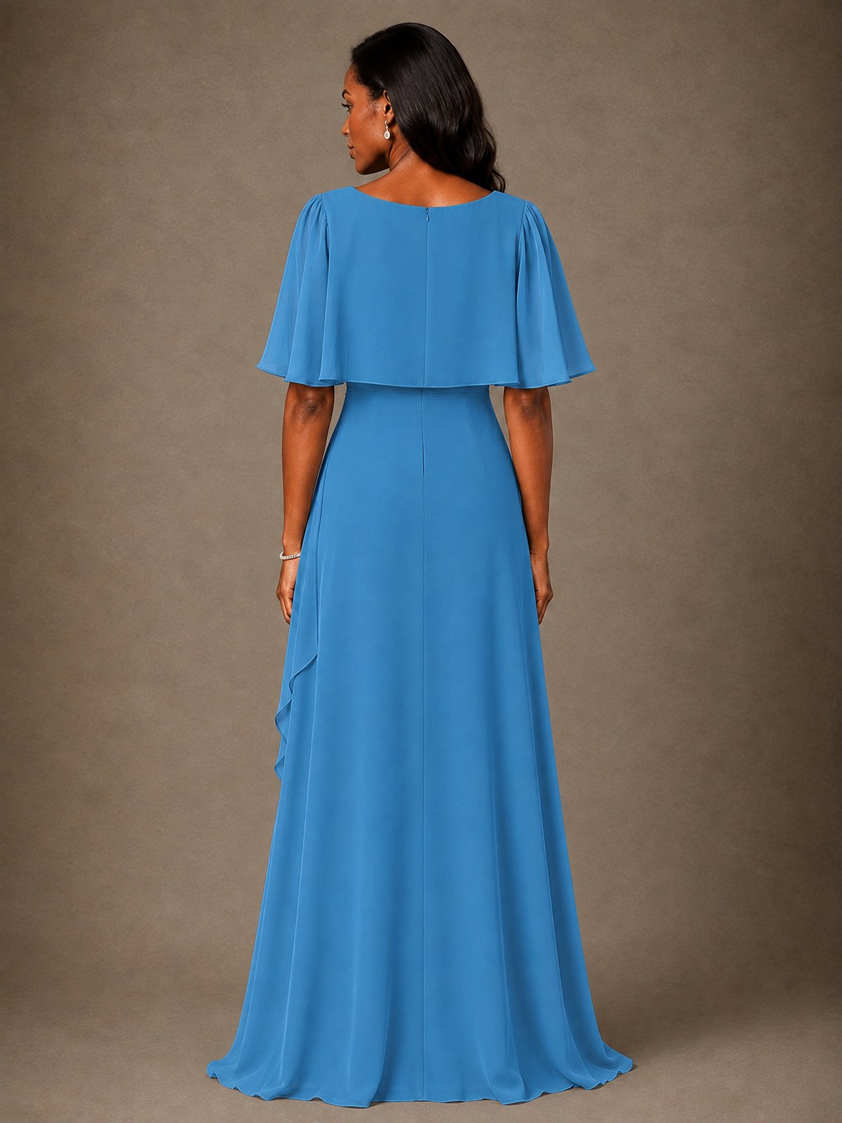 Taupe Chiffon A-Line Mother of the Bride Dress with Cape Sleeves