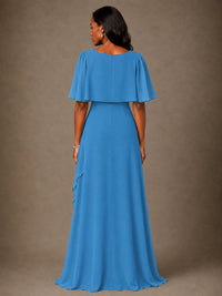 Taupe Chiffon A-Line Mother of the Bride Dress with Cape Sleeves
