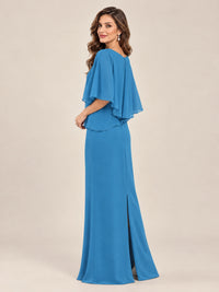 Cape Sleeve Mother of the Bride Dress with Asymmetrical Overlay