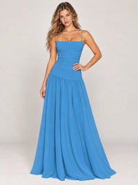 Butter Yellow Ruched Spaghetti Strap Drop-Waist Prom Dress
