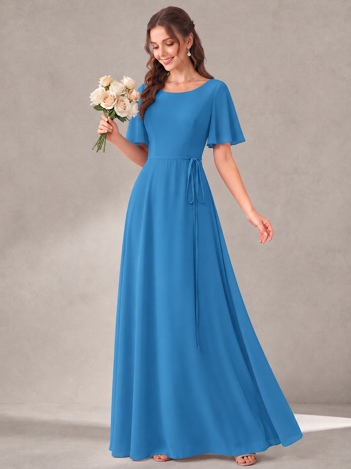 Scoop Neck A-line Chiffon Bridesmaid Dress with Flutter Sleeve & Belt