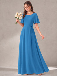 Scoop Neck A-line Chiffon Bridesmaid Dress with Flutter Sleeve & Belt