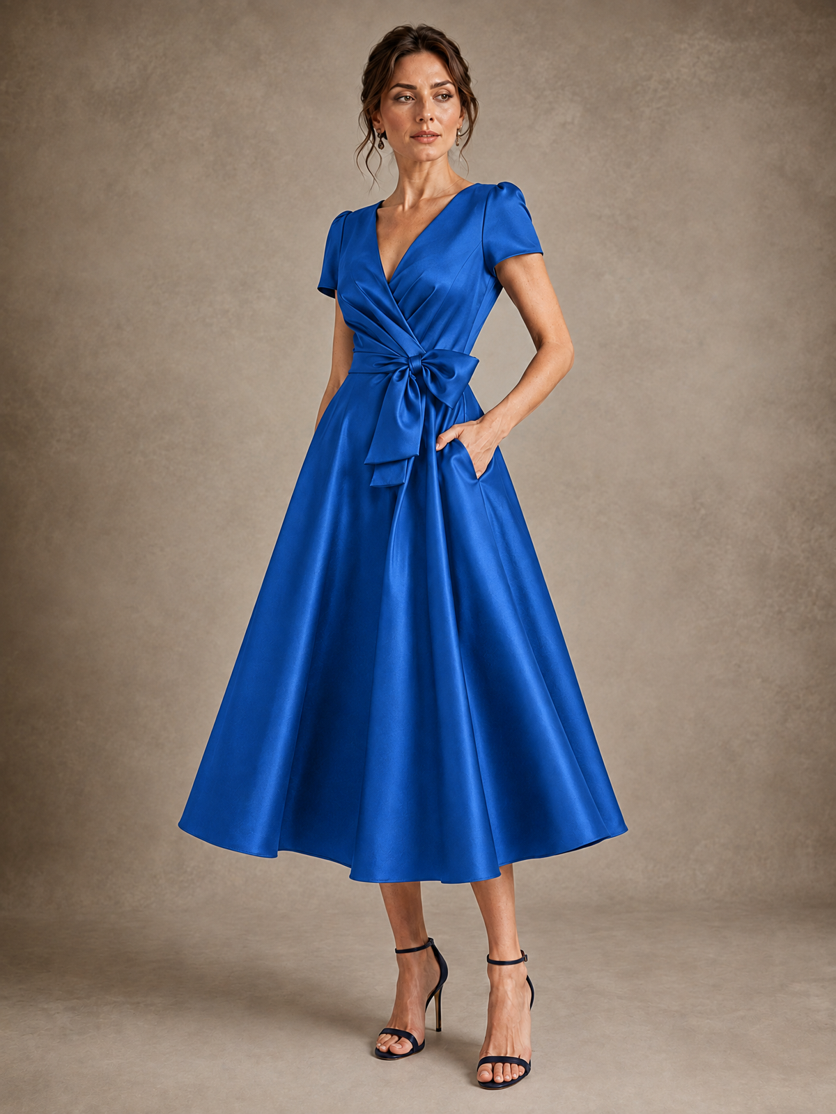 V-Neck Tea-Length Satin Mother of the Bride Dress with Bow