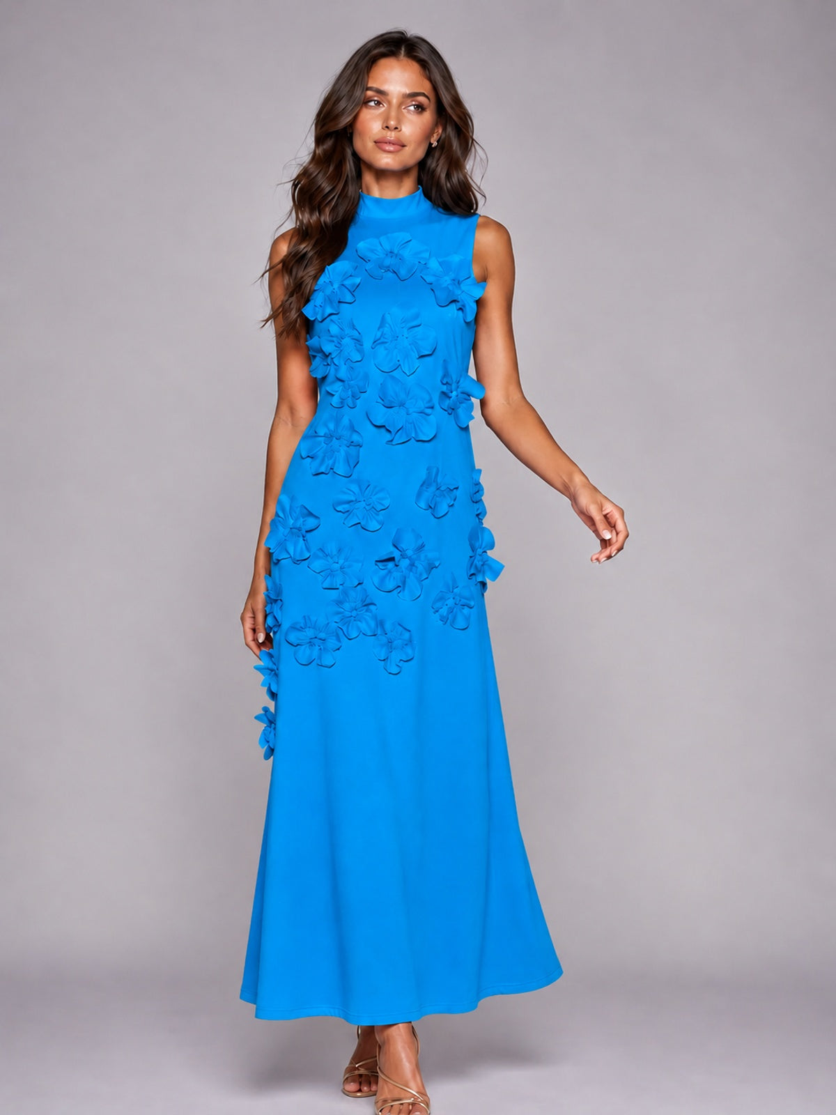 3D Floral Applique High Neck Prom Maxi Dress