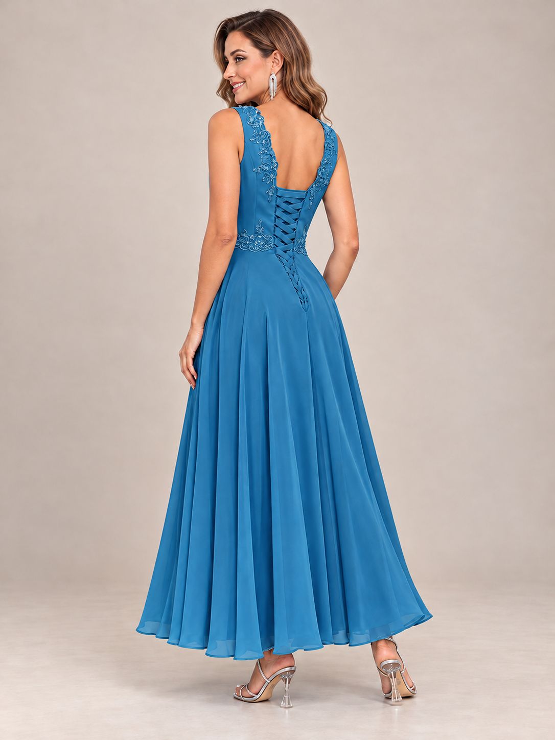 Dusty Blue Floral Lace Chiffon Mother of the Bride Dress with Jacket