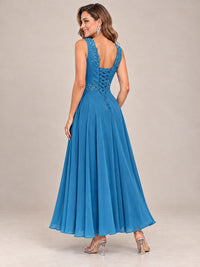 Dusty Blue Floral Lace Chiffon Mother of the Bride Dress with Jacket