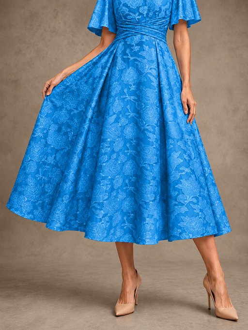 V-Neck Floral Jacquard Tea-Length Mother of the Bride Dress