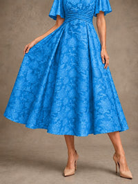 V-Neck Floral Jacquard Tea-Length Mother of the Bride Dress