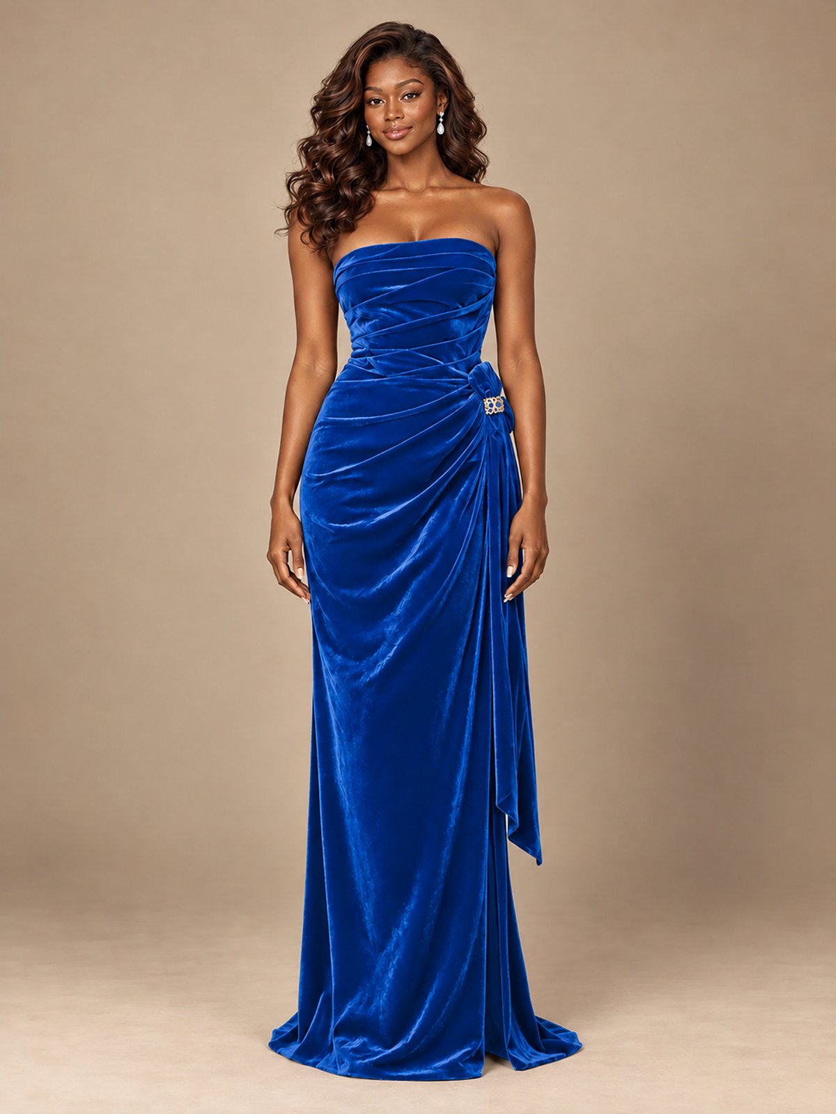 Burgundy Velvet Strapless Ruched Prom Dress with Jeweled Side Drape