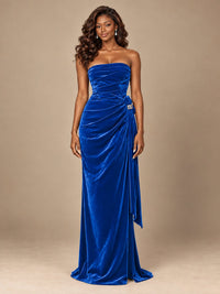 Burgundy Velvet Strapless Ruched Prom Dress with Jeweled Side Drape