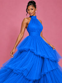 Hot Pink Tulle Halter Neck Tiered Ruffle Maxi Dress