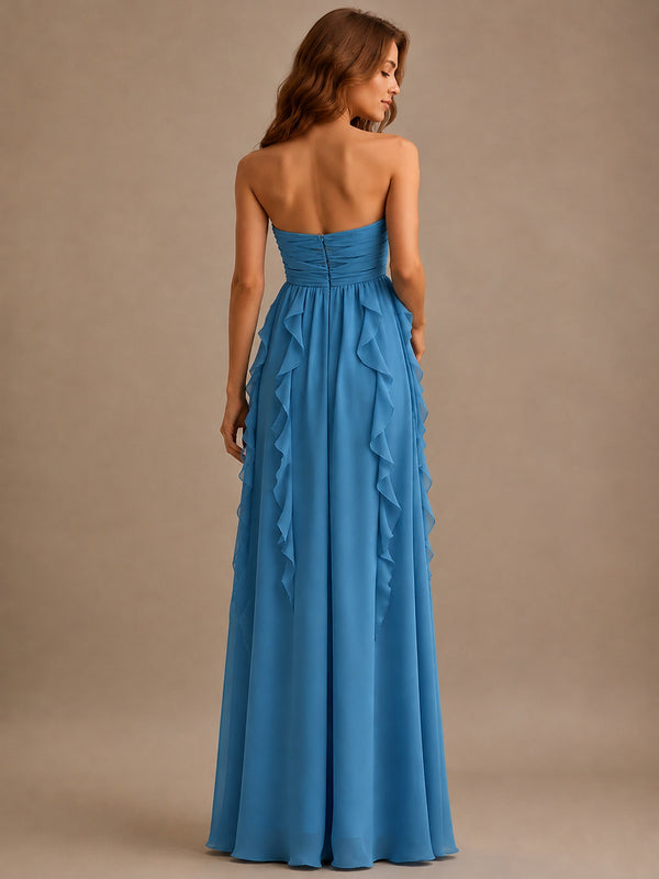 Srapless Sweetheart Chiffon Prom Dress Ruffle Formal Evening Gown